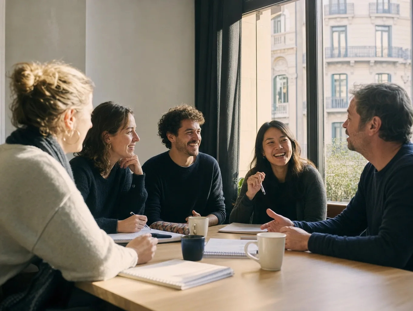 Grupo reducido de estudiantes adultos conversando con su profesora en British Fleming School, Barcelona