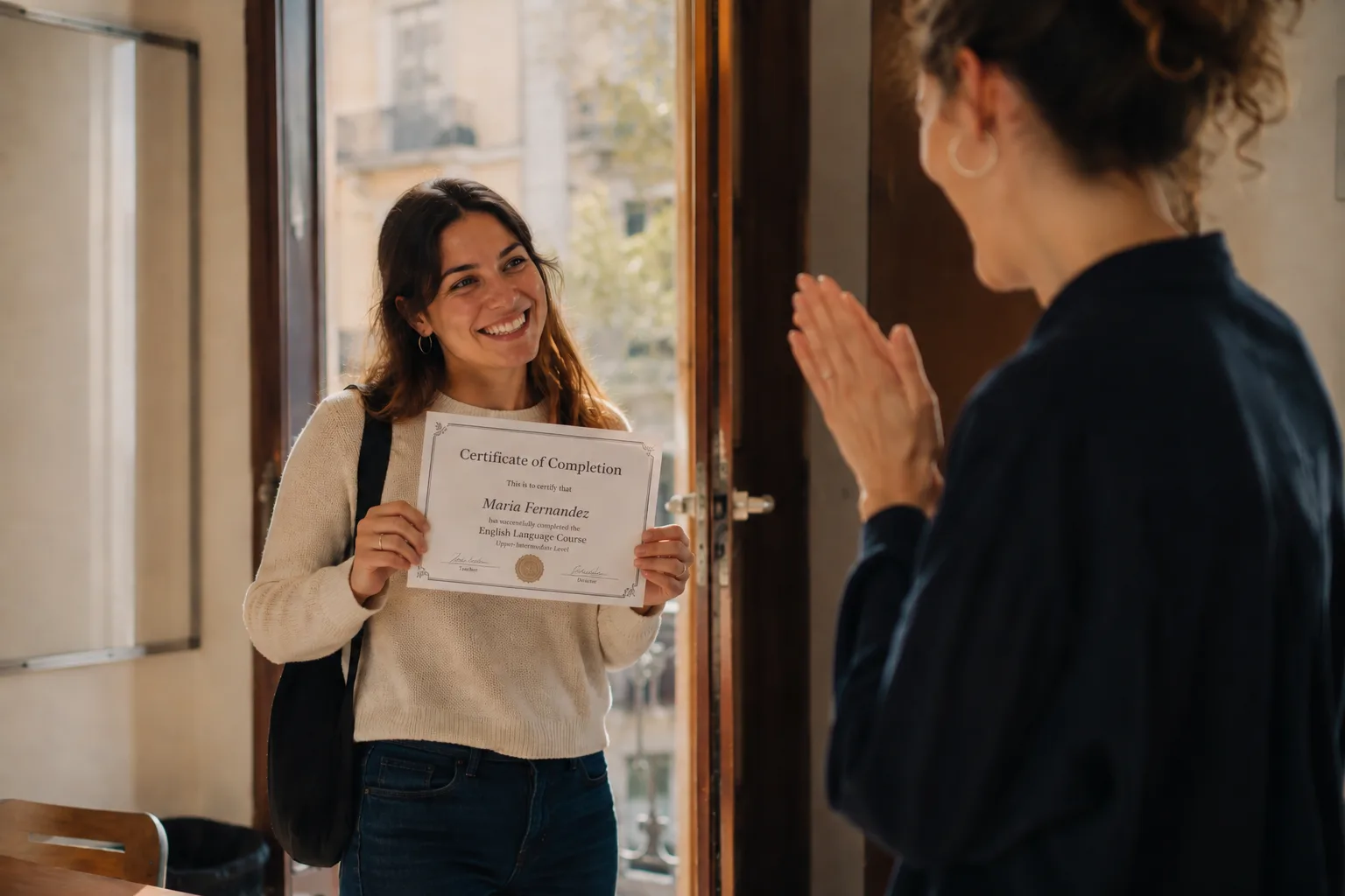 Estudiante celebrando su certificado con su profesora